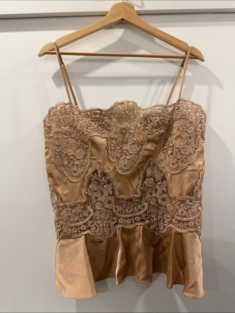 H&M Lace-Trim Satin Peplum Camisole in Nude